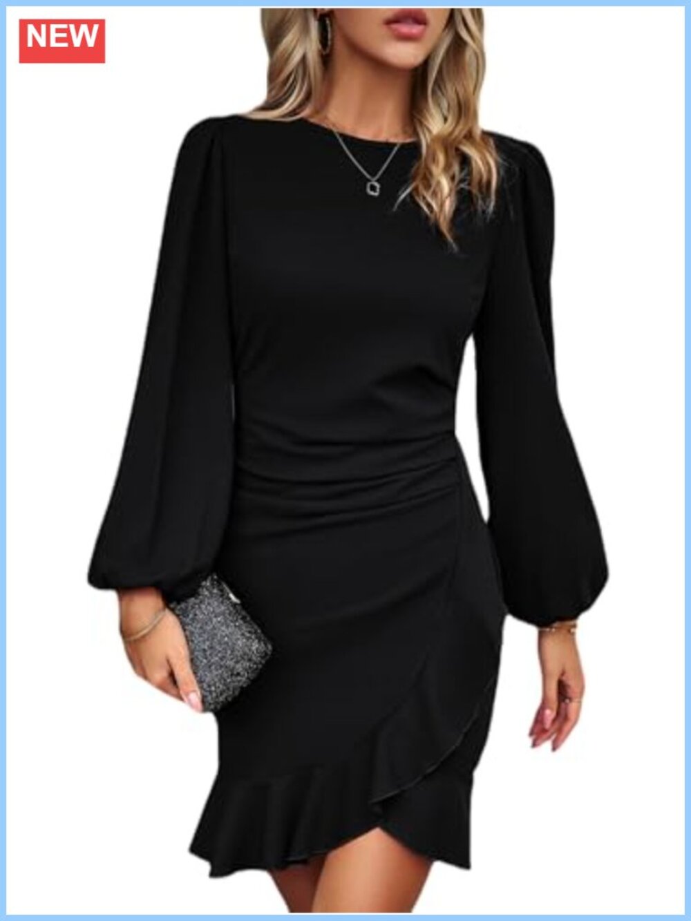 Women's Long Sleeve Mini Sheath Cocktail Dress Ruffle Lantern Sleeve